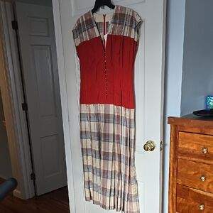 Tory Burch Red and Plaid Sleeveless Silk Dress
